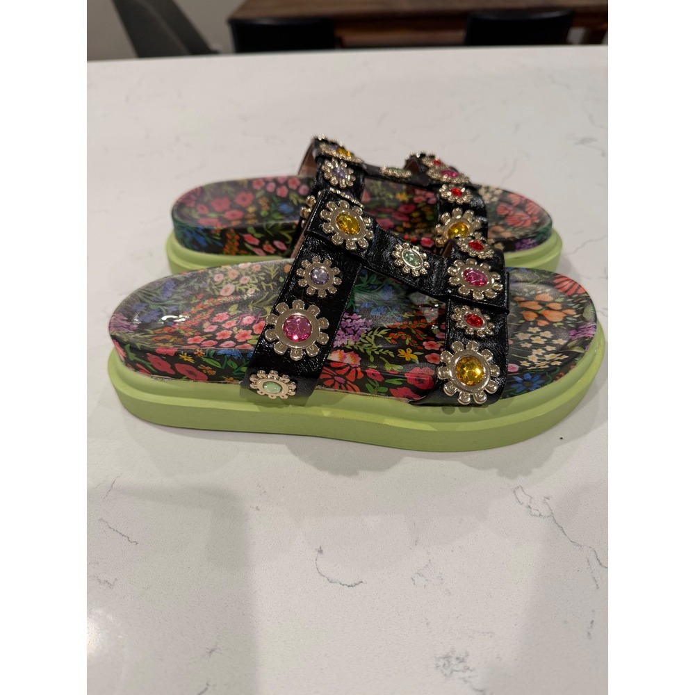 Betty Johnson Platform Slides Jewel Flower Embellished Black Sandals 7.5/8 245